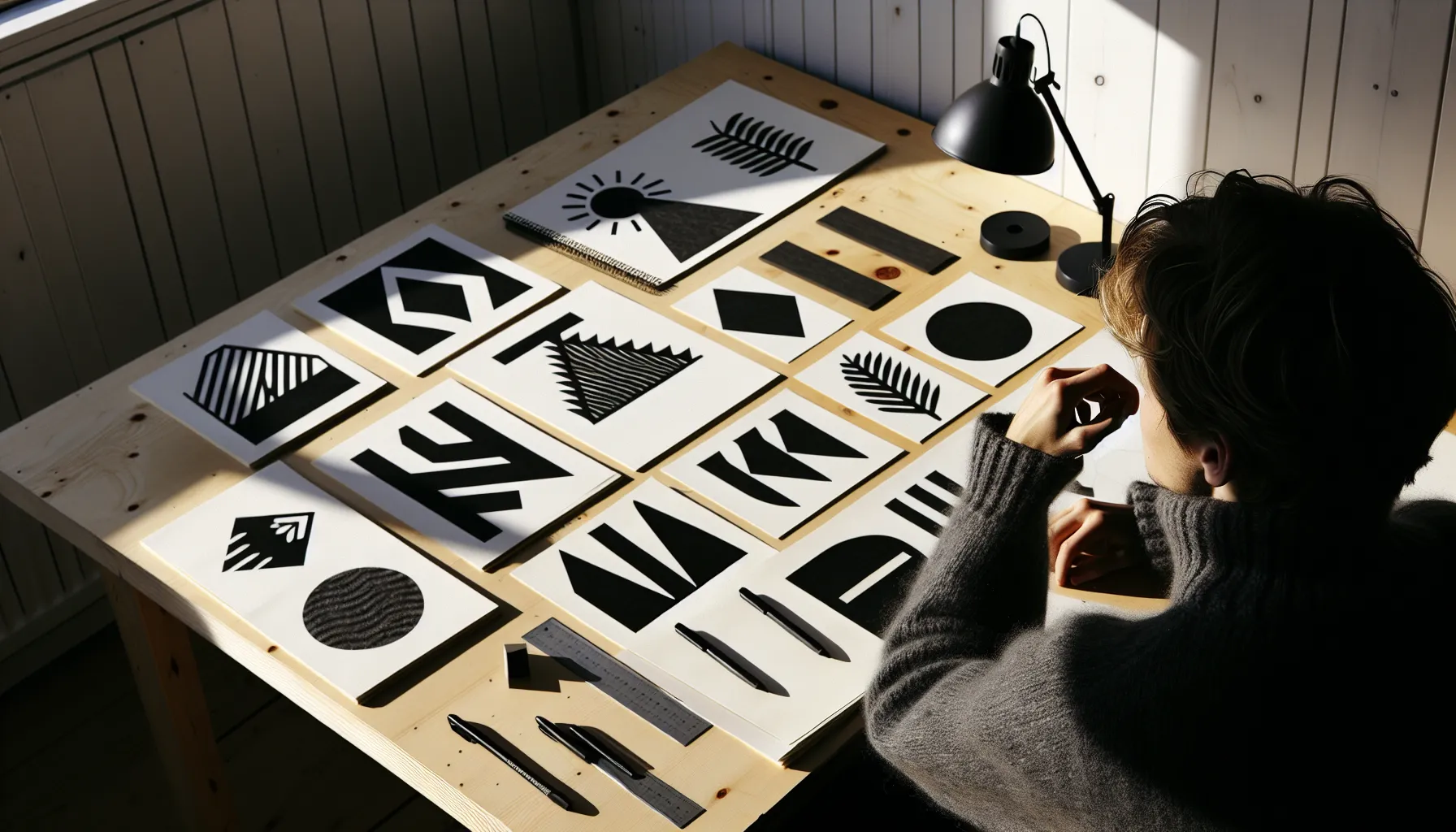 Designer arranging negative space logo sketches on a birch desk in oslo