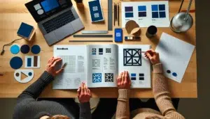 Designers refining a logo system and brand guidelines in a nordic office