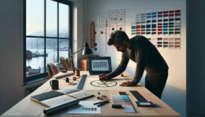 Norwegian designer sketches symbolic logo beside mood board color swatches and tests