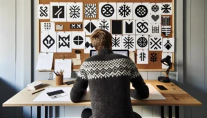 Norwegian designer sketching story driven logo concepts in a bright oslo studio