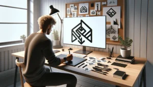 Designer in a nordic studio creating a black and white logo using negative space
