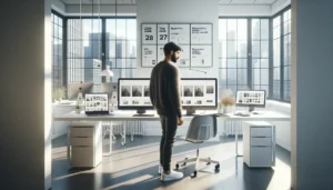 Designer in norwegian office testing a logo on screens and printed posters