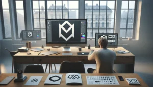 Designer in oslo studio testing a simple global logo across languages and media