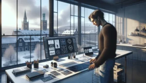 Norwegian designer refining a flexible logo system for multiple industries on screen