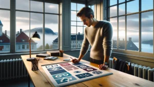 Norwegian designer refining a logo that blends traditional crest and modern minimal style