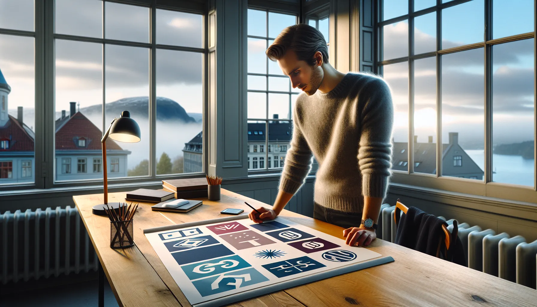 Norwegian designer refining a logo that blends traditional crest and modern minimal style