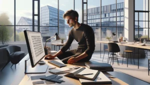 Norwegian designer working on typographic brand guidelines in a bright scandinavian studio