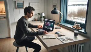 Norwegian entrepreneur designing a professional logo on a laptop using budget tools