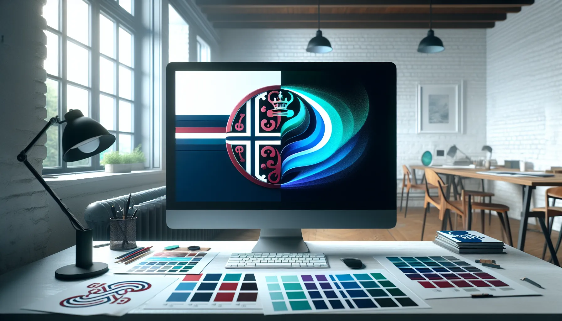Hvordan skape en logo som balanserer tradisjon og innovasjon 3 Norwegian designer refining a logo that merges traditional shield and modern abstract form.